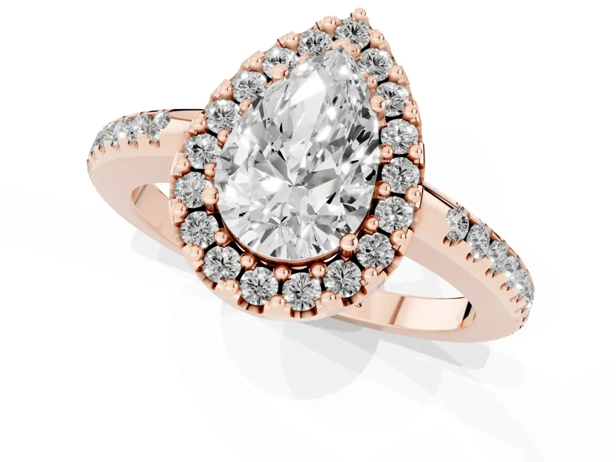 Pear Cut Diamond Pavé Halo Ring with Four-Prong Setting Rose gold
