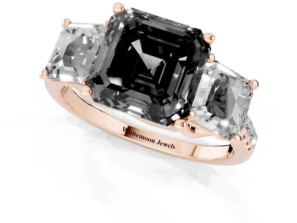 Fancy Black Three-Stone Asscher Cut Diamond Ring with Round Pavé Band and Prong Setting Rose gold