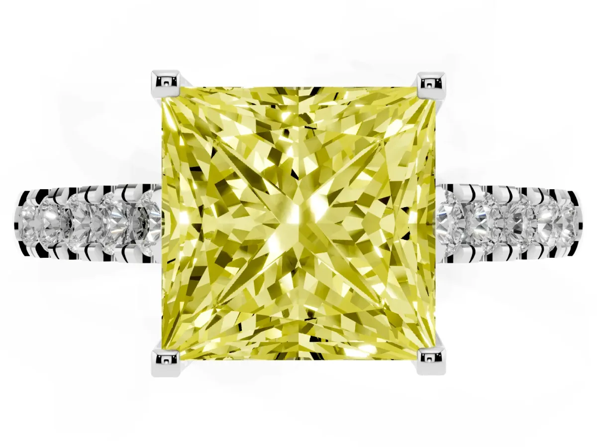 Fancy Yellow Princess Cut Diamond Pavé Band Solitaire Ring with Prong Setting Silver