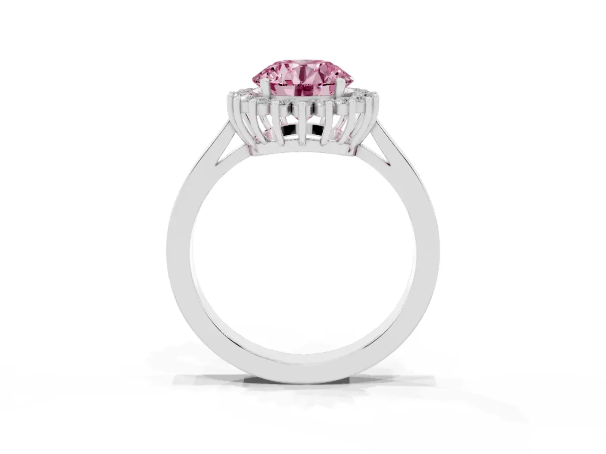 Fancy Pink Round Cut Cut Diamond Halo Ring with Round Brilliant Halo and Solitaire Band Platinum