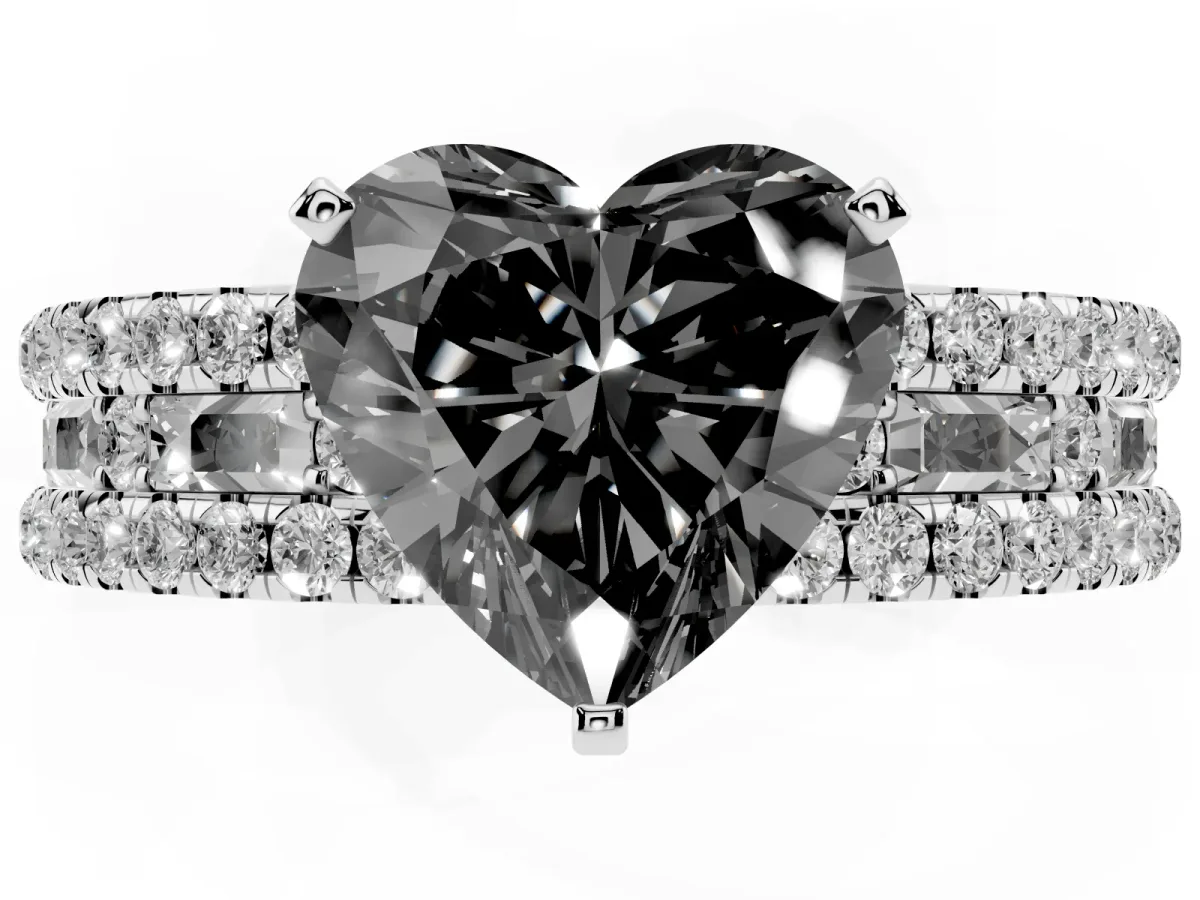 Fancy Black Heart Cut Diamond Solitaire Ring with Pavé and Channel Set Band Silver