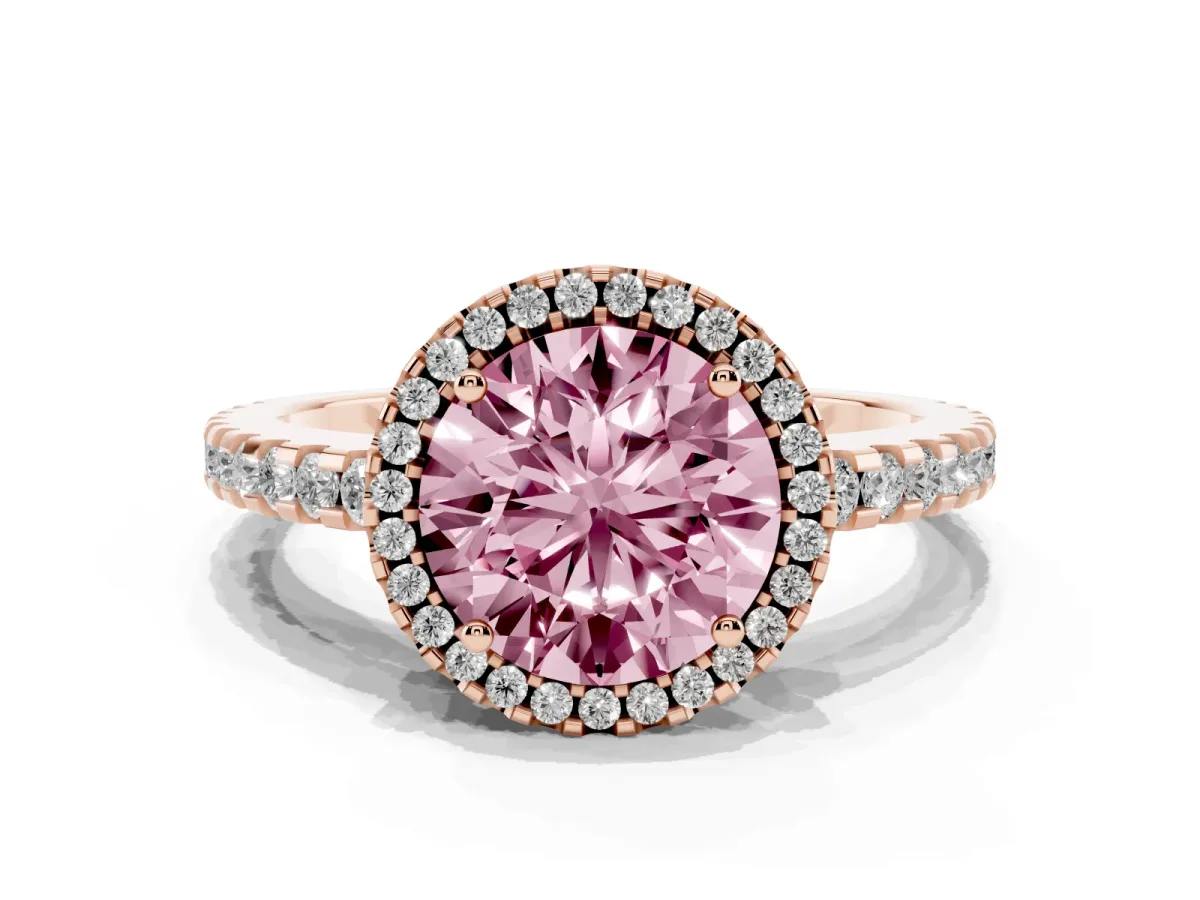Fancy Pink Round Cut Diamond Halo Engagement Ring with Pavé Band and Prong Setting Rose gold