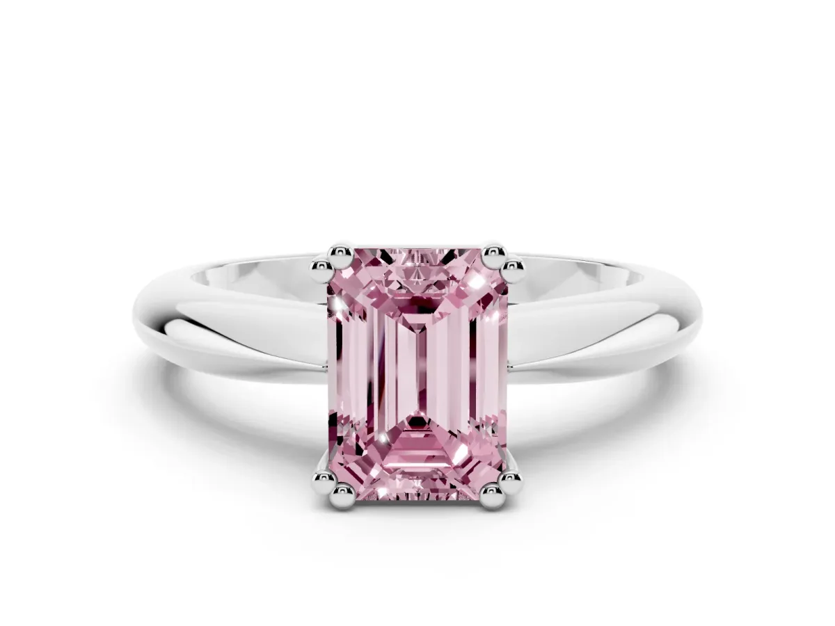 Fancy Pink Emerald Cut Cut Solitaire Engagement Ring with Tapered Band and Four-Prong Setting Platinum