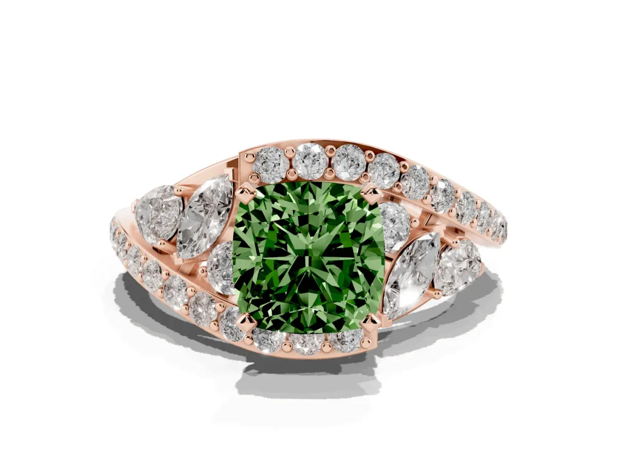 Fancy Green Cushion Cut Diamond Halo Ring with Marquise and Pavé Band in Prong Setting Rose gold