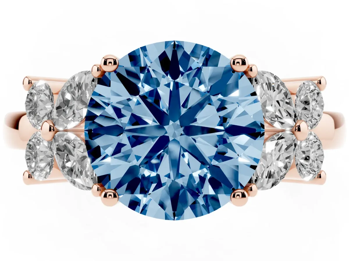 Fancy Blue Round Cut Diamond Floral Cluster Ring with Solitaire Band and Prong Setting Rose gold