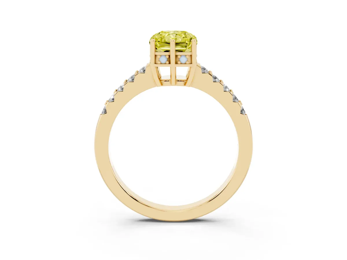 Fancy Yellow Radiant Cut Solitaire Diamond Engagement Ring with Pavé Band and Six-Prong Setting Yellow gold