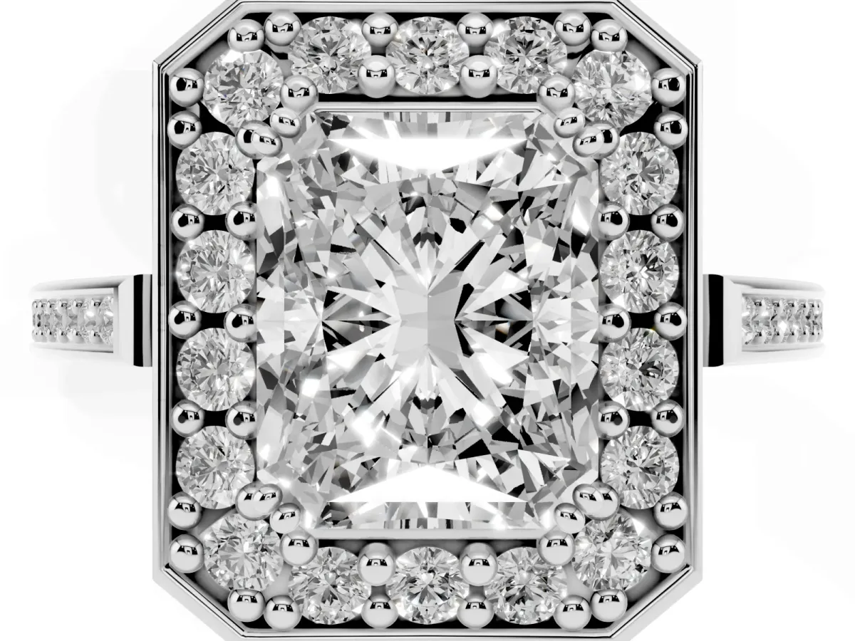 Radiant Cut Diamond Halo Ring with Split Shank and Four-Prong Setting Silver