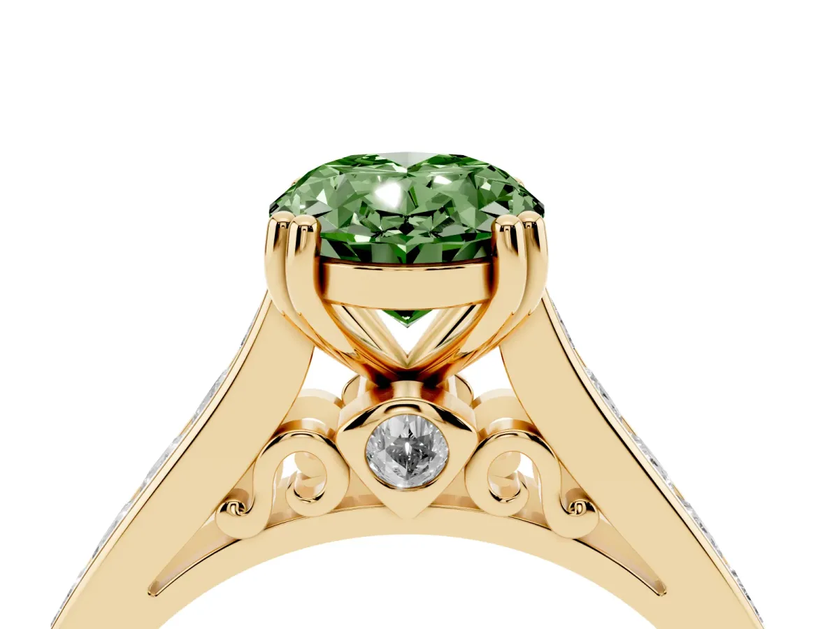 Fancy Green Oval Cut Cut Channel Set Solitaire Engagement Ring with Prong Setting Yellow gold