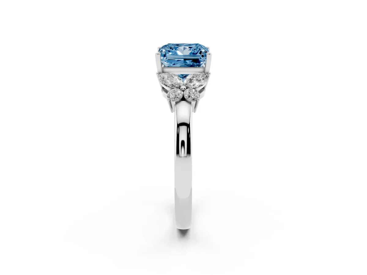 Fancy Blue Princess Cut Cut Solitaire Floral Diamond Ring with Four-Prong Setting Silver