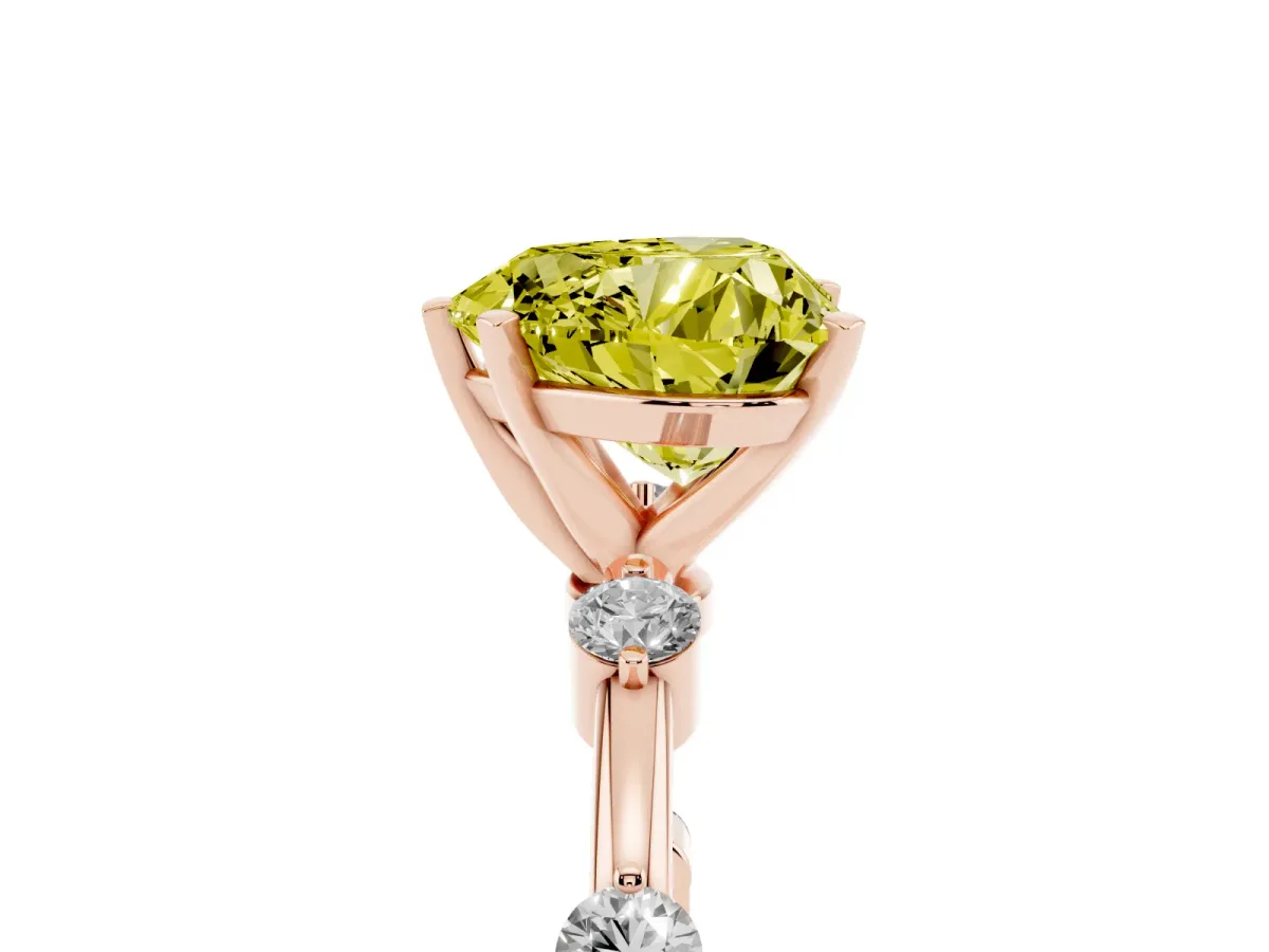 Fancy Yellow Heart Cut Solitaire Diamond Ring with Bezel Set Side Stones and Prong Setting Rose gold