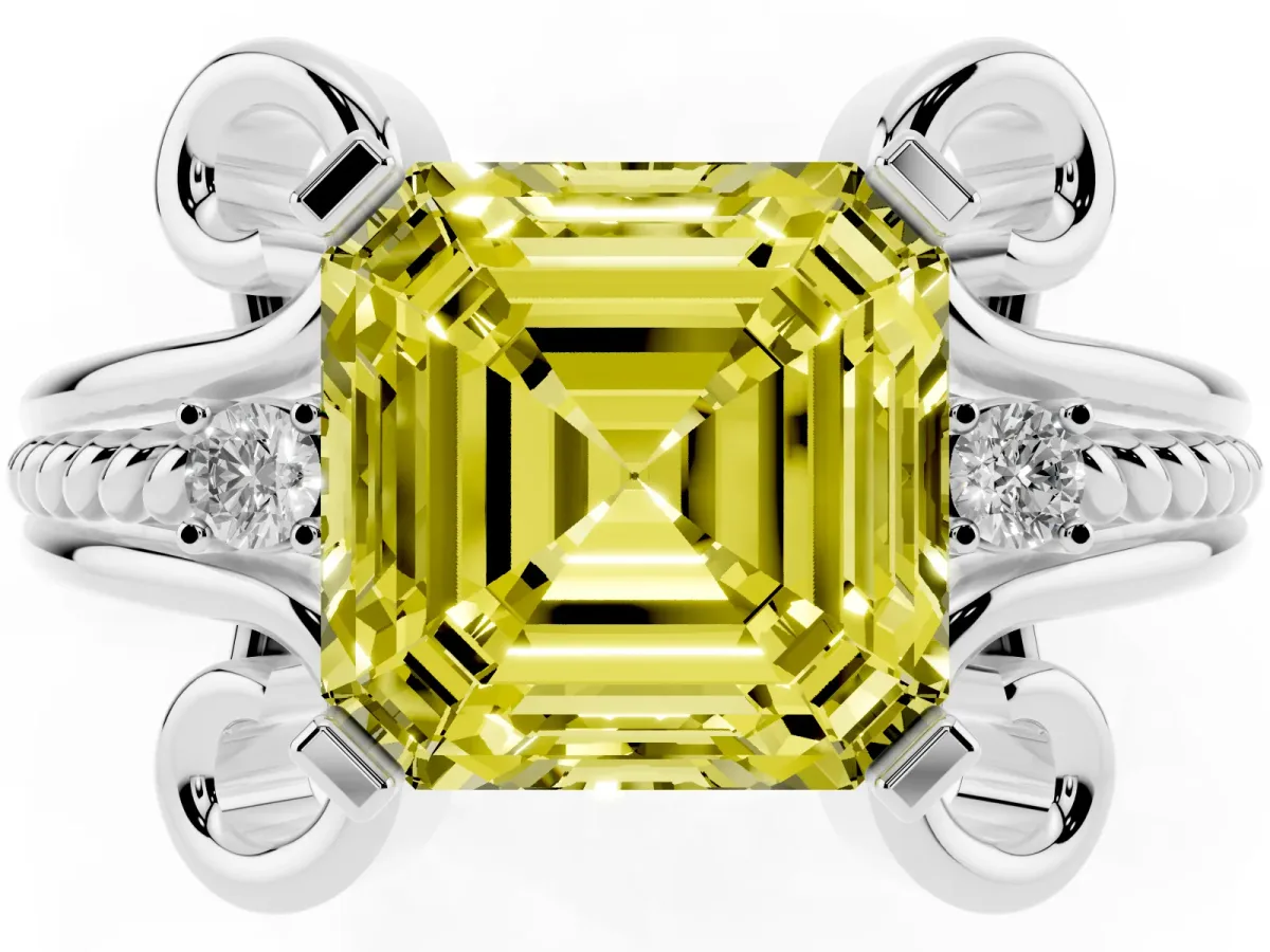 Fancy Yellow Asscher Cut Solitaire Twisted Band Scroll Prong Ring Platinum