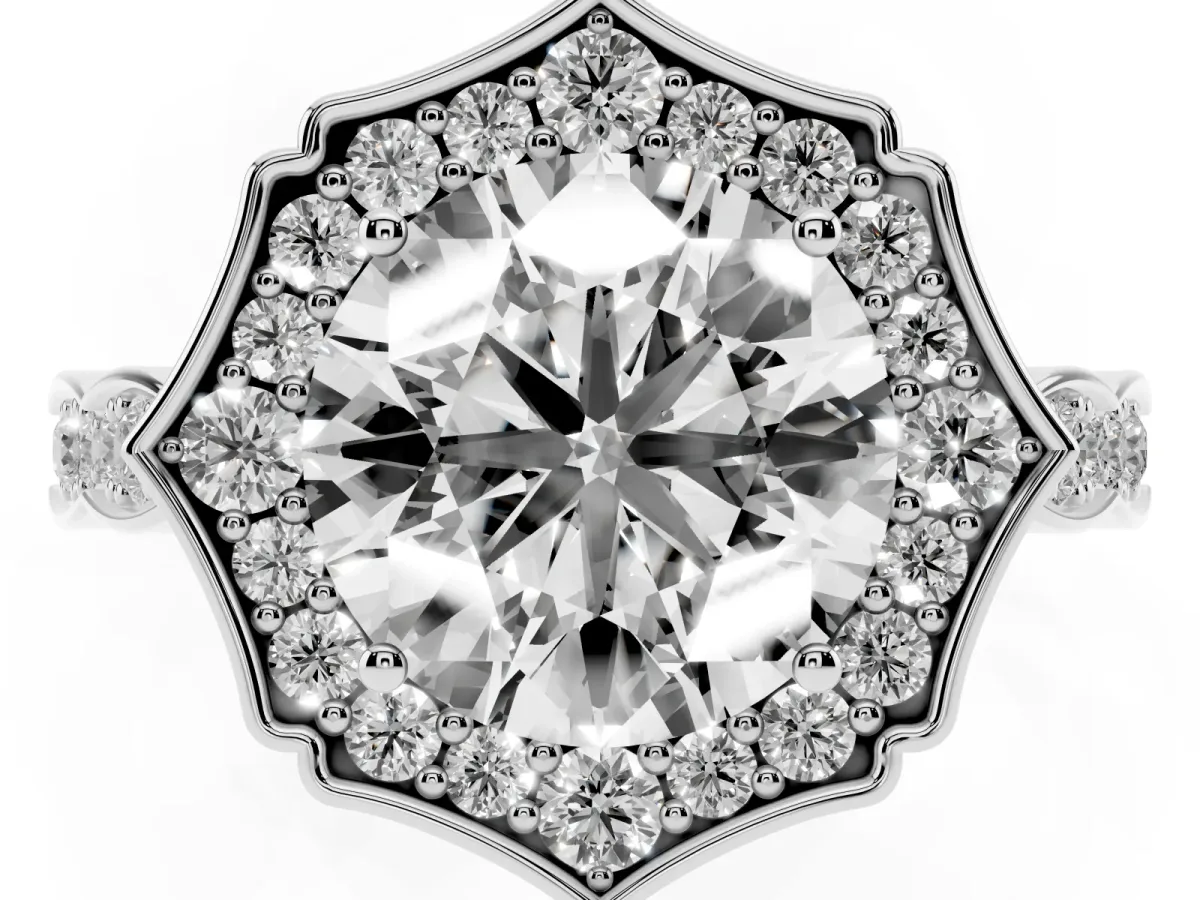 Round Cut Halo Diamond Engagement Ring with Milgrain Band and Four-Prong Setting White gold