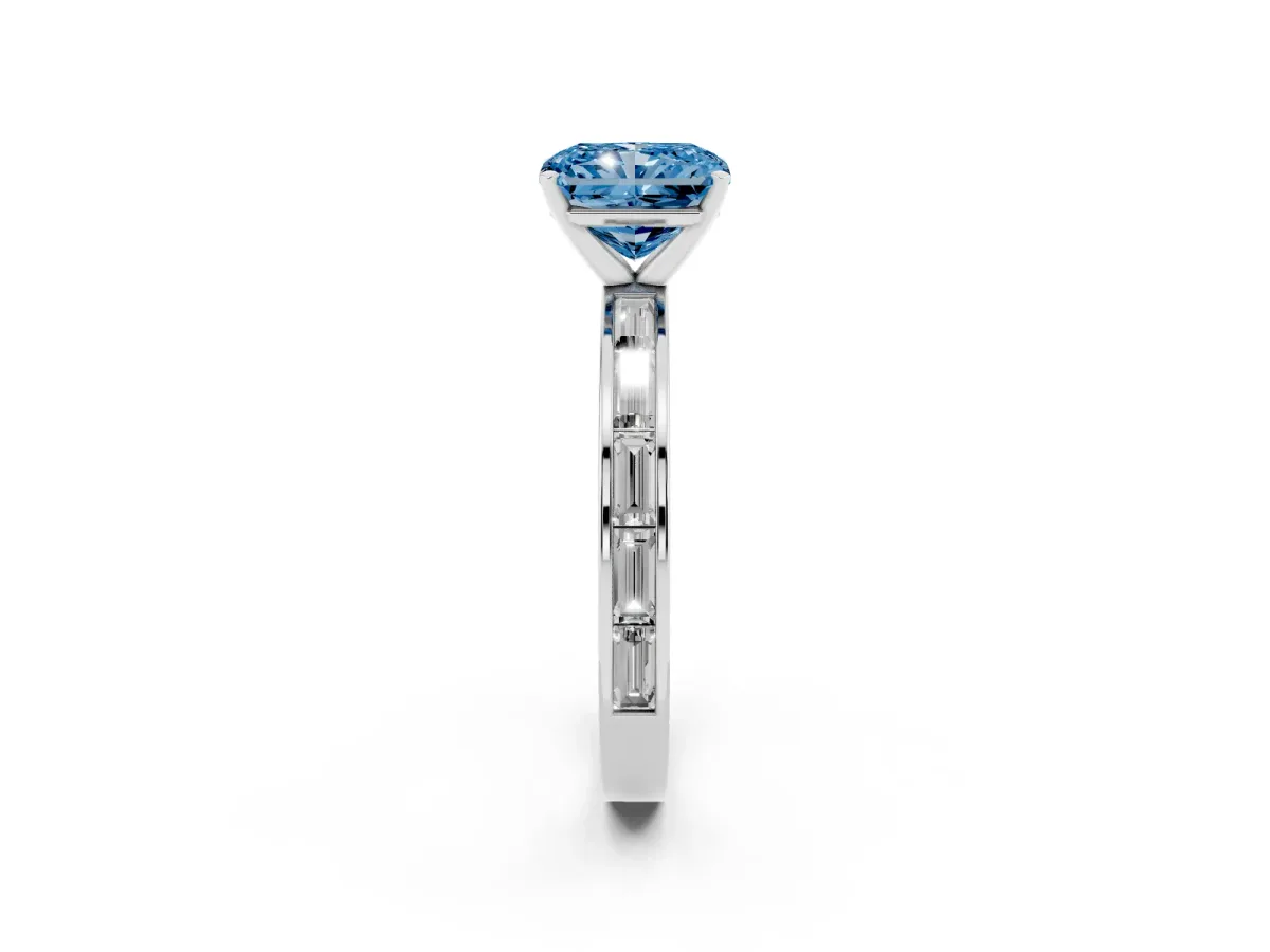 Fancy Blue Radiant Cut Solitaire Diamond Ring with Channel-Set Baguette Band and Four-Prong Setting Silver