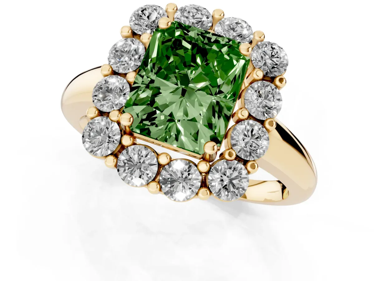 Fancy Green Radiant Cut Halo Cluster Diamond Engagement Ring with Prong Setting and Polished Band Yellow gold