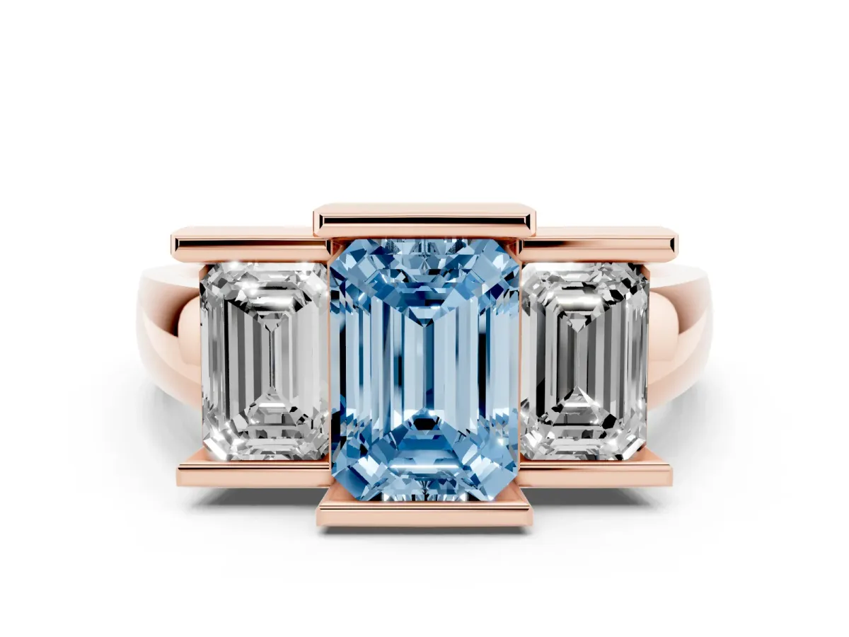Fancy Blue Three Stone Emerald Cut Cut Channel Set Diamond Ring Rose gold