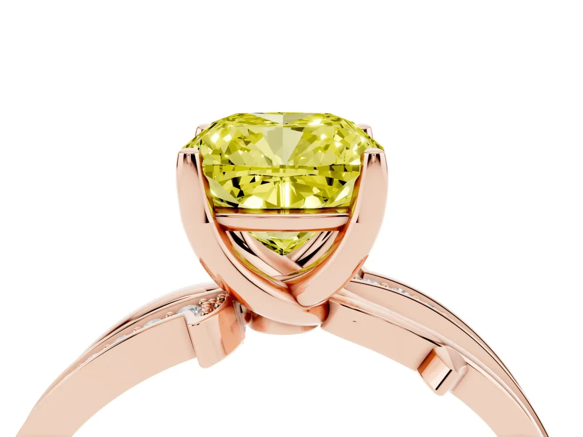 Fancy Yellow Cushion Cut Solitaire Twist Band with Pavé Accents and Four-Prong Setting Rose gold