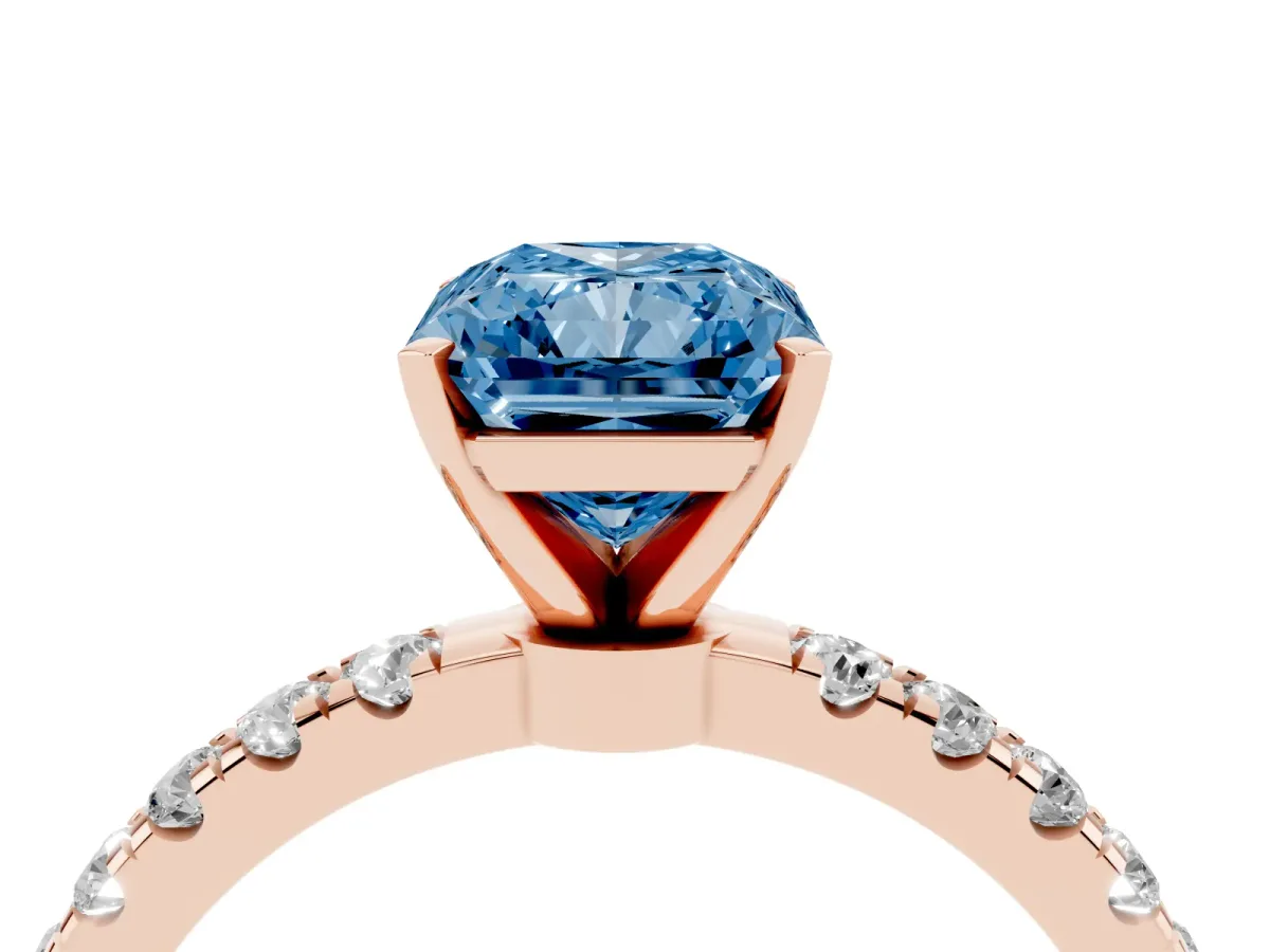 Fancy Blue Radiant Cut Diamond Solitaire Ring with Pavé Accents and Four-Prong Setting Rose gold