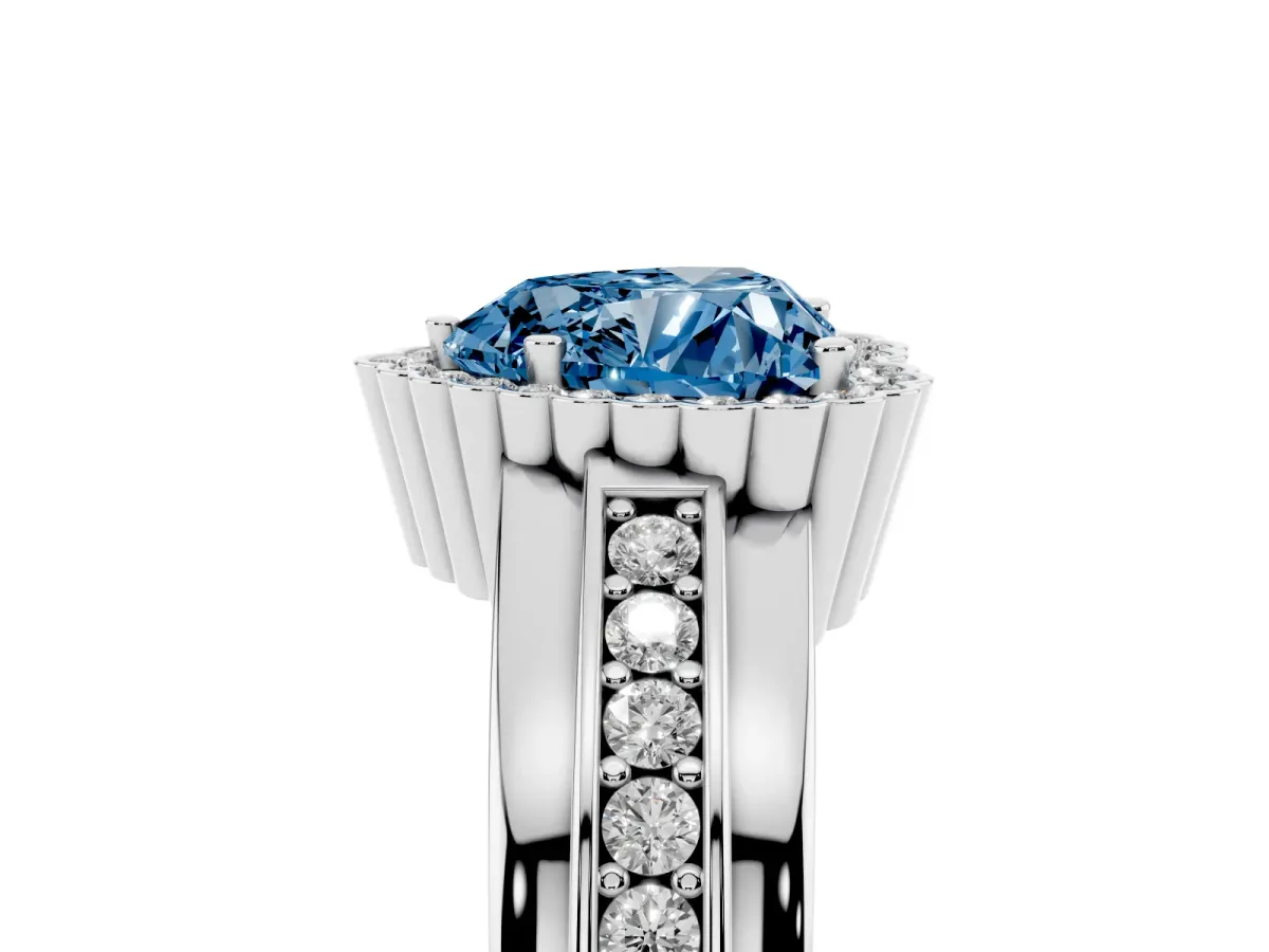 Fancy Blue Heart Cut Cut Halo Pave Band Four-Prong Ring Silver