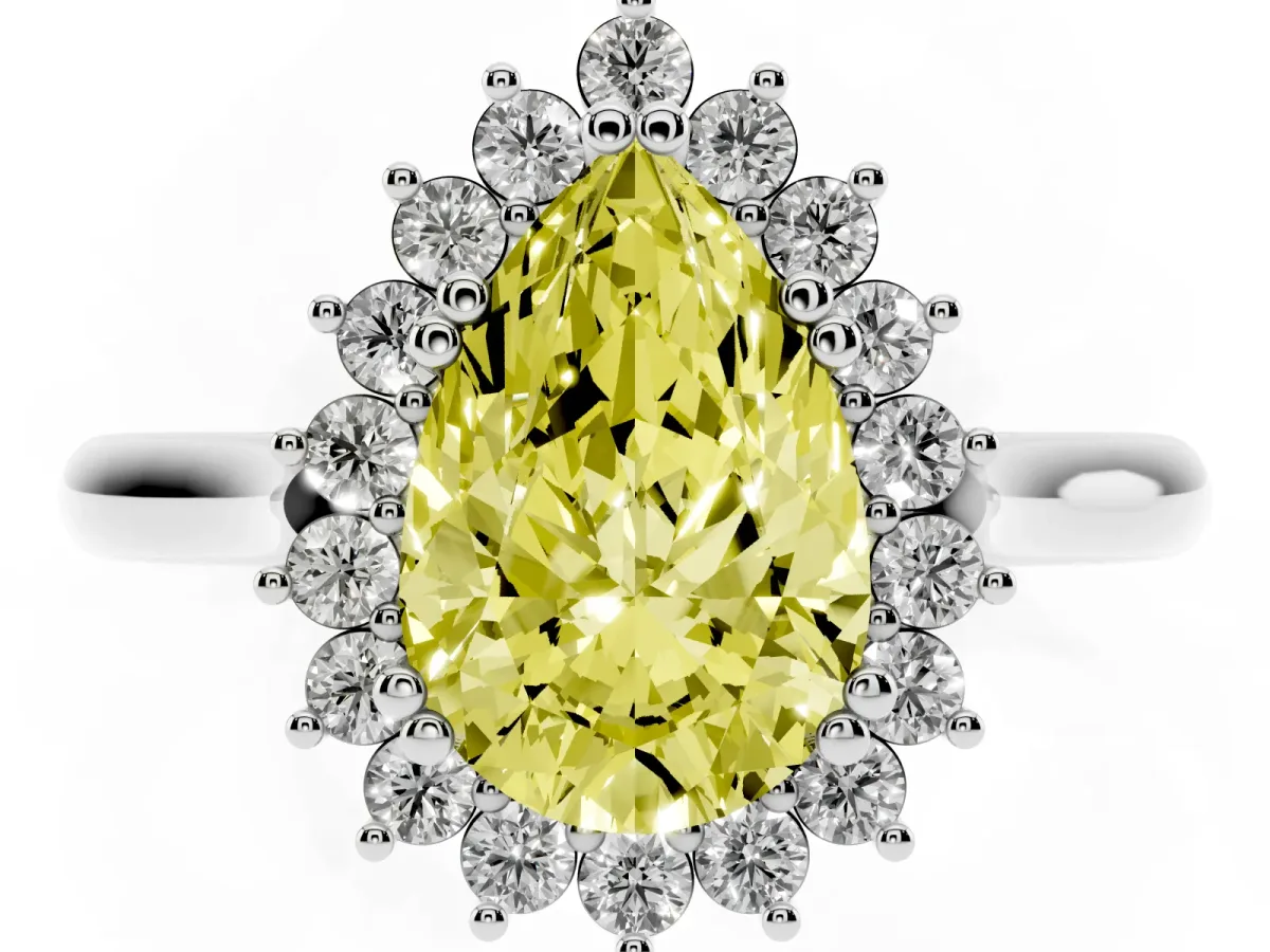 Fancy Yellow Pear Cut Cut Diamond Halo Ring with Solitaire Band and Prong Setting Silver