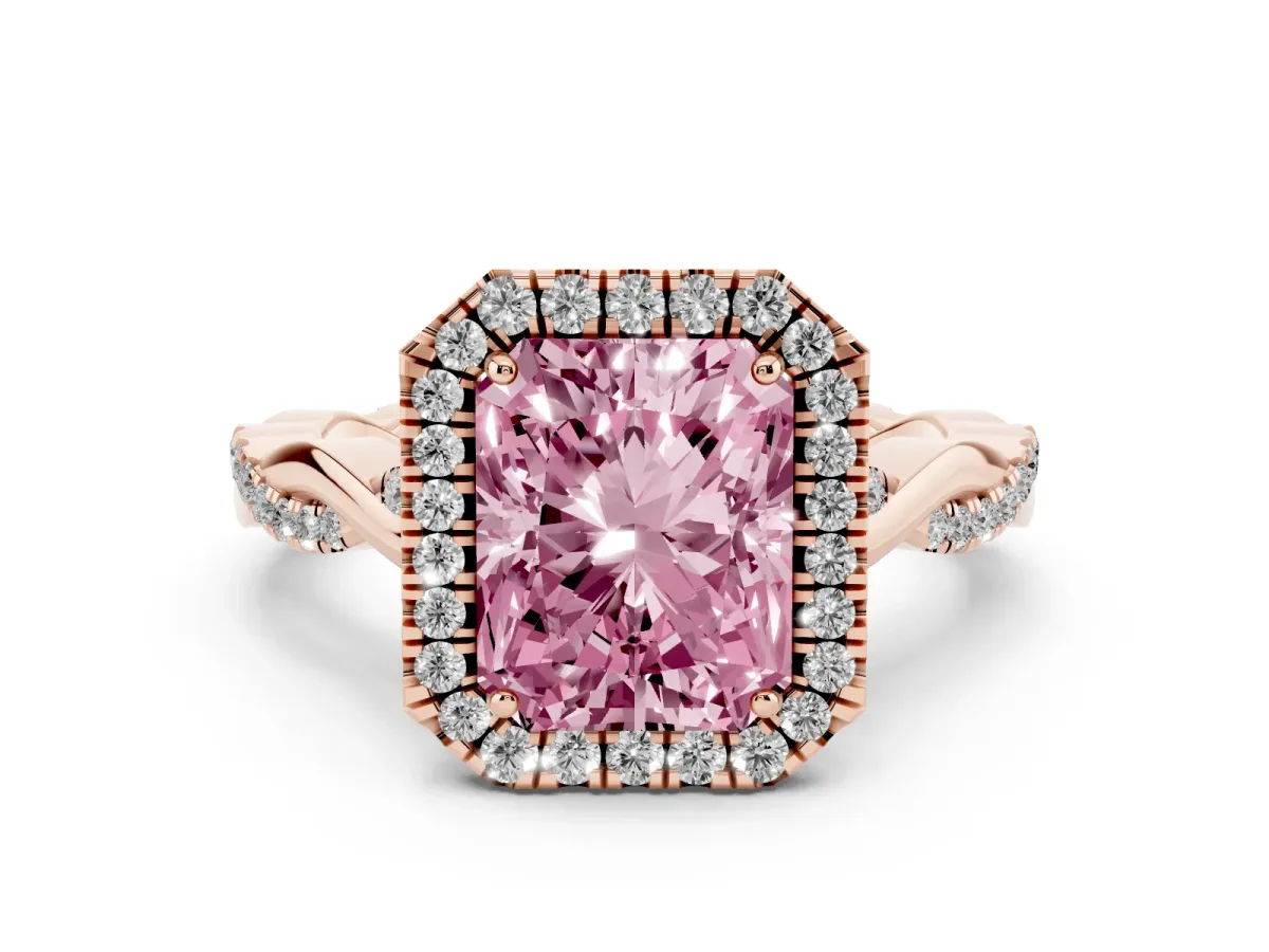 Fancy Pink Radiant Cut Halo Twist Band Solitaire Ring Rose gold