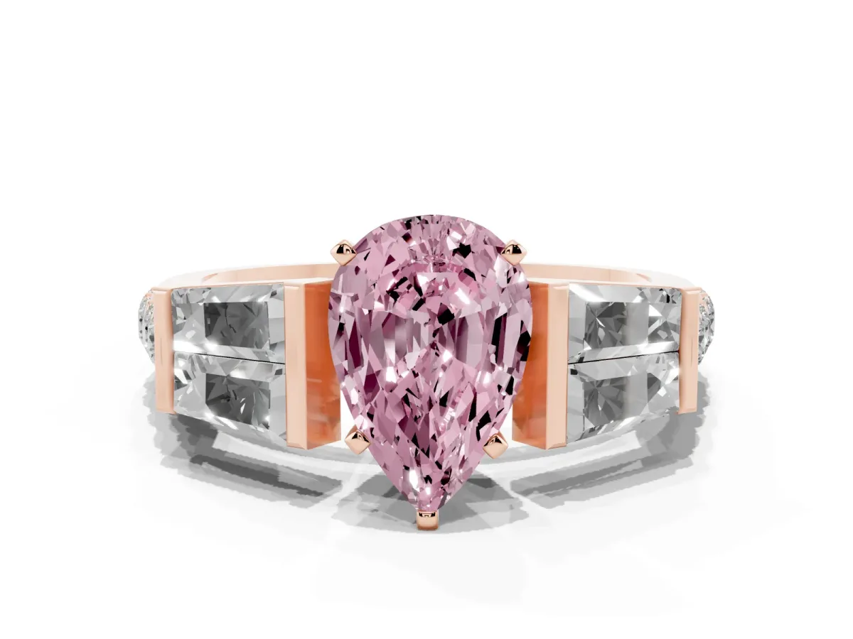 Fancy Pink Pear Cut Diamond Engagement Ring with Baguette Side Stones and Channel Set Band Rose gold