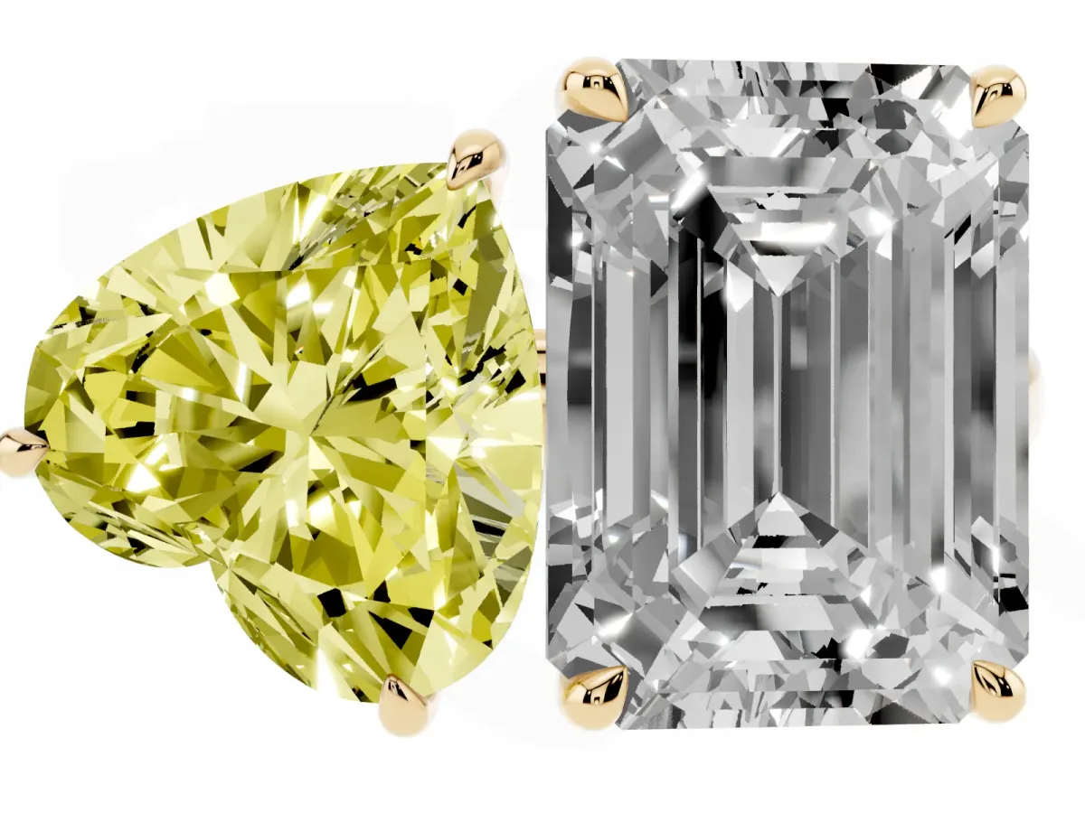 Fancy Yellow Heart Cut and Emerald Cut Toi Moi Ring with Prong Setting Yellow gold