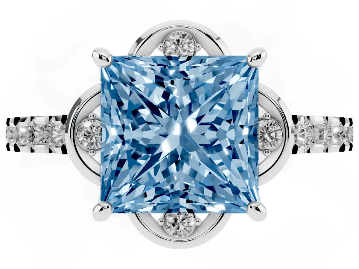 Fancy Blue Princess Cut Diamond Ring with Pavé Band and Floral Prong Setting Silver