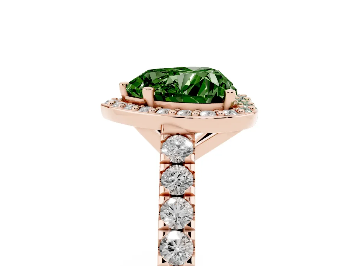 Fancy Green Heart Cut Cut Halo Diamond Engagement Ring with Pave Band and Four-Prong Setting Rose gold