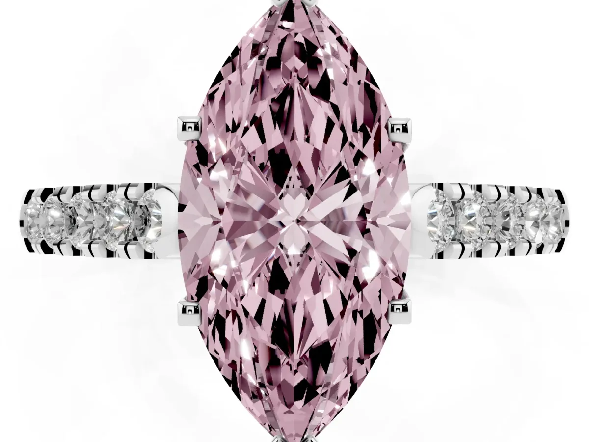 Fancy Pink Marquise Cut Diamond Pavé Band Solitaire Ring with Prong Setting Silver
