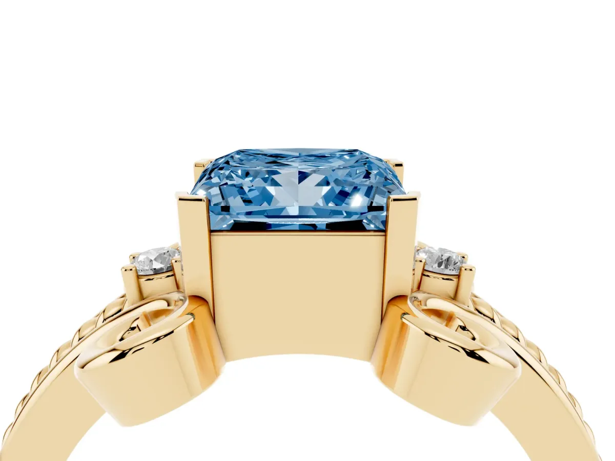 Fancy Blue Princess Cut Solitaire Twisted Band Scroll Prong Ring Yellow gold