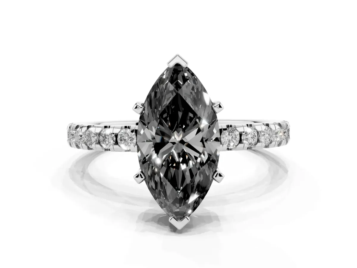 Fancy Black Marquise Cut Diamond Solitaire Ring with Round Pavé Band and Four-Prong Setting Silver