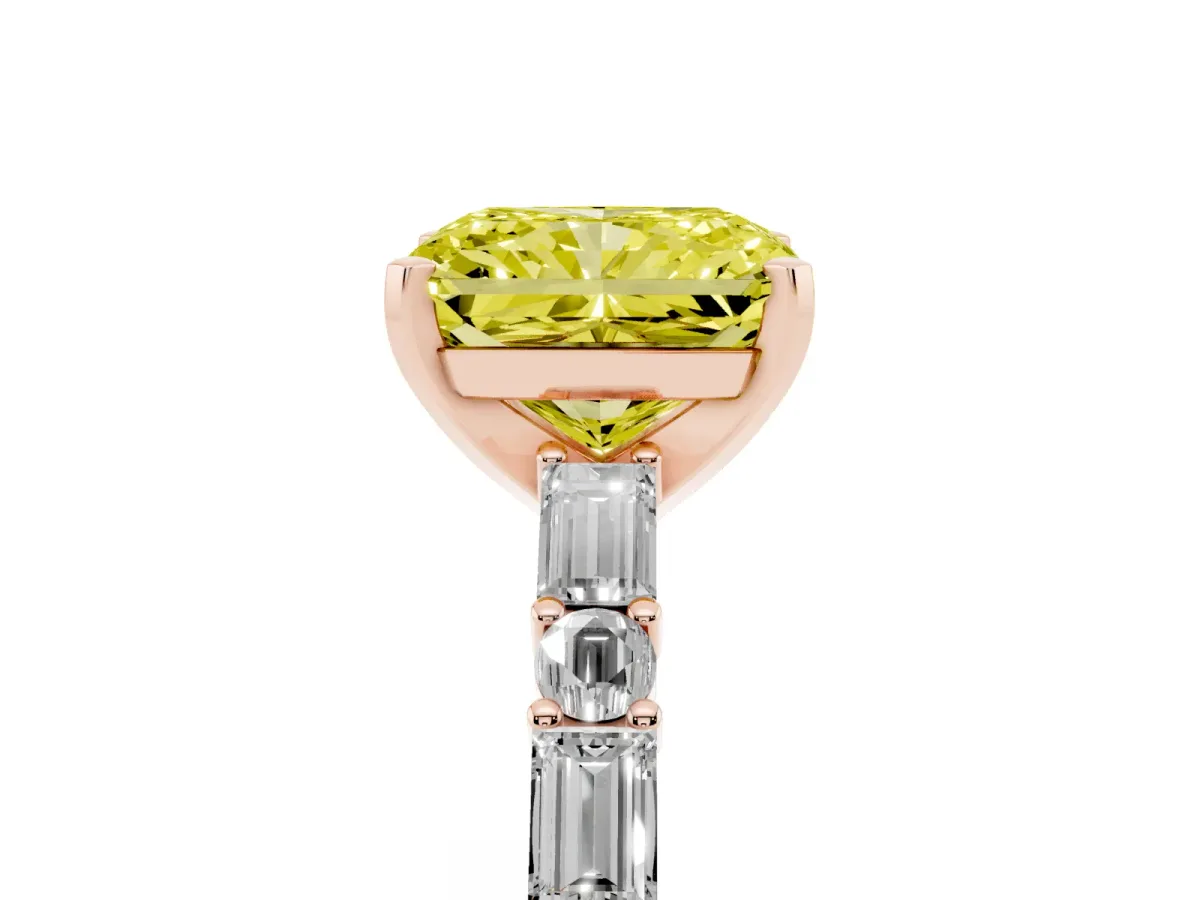 Fancy Yellow Radiant Cut Diamond Solitaire with Side Baguettes and Channel Set Band Rose gold