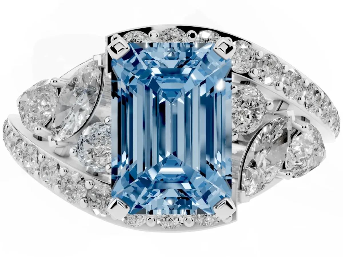 Fancy Blue Emerald Cut Diamond Halo Ring with Marquise and Pavé Band in Prong Setting White gold