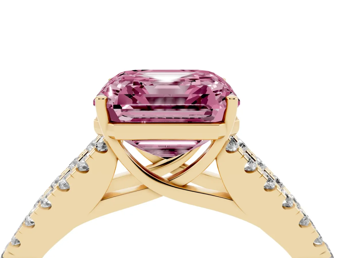 Fancy Pink Asscher Cut Diamond Split Shank Pavé Engagement Ring with Four-Prong Setting Yellow gold