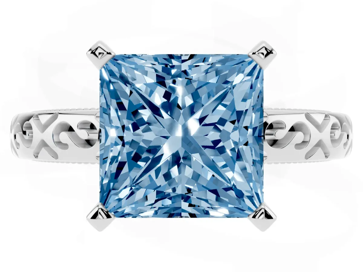 Fancy Blue Princess Cut Solitaire Engagement Ring with Scrollwork Band and Four-Prong Setting Silver