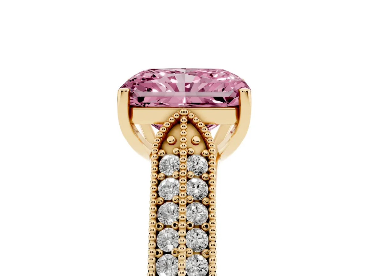 Fancy Pink Radiant Cut Cut Pave Split Shank Engagement Ring with Four-Prong Setting Yellow gold