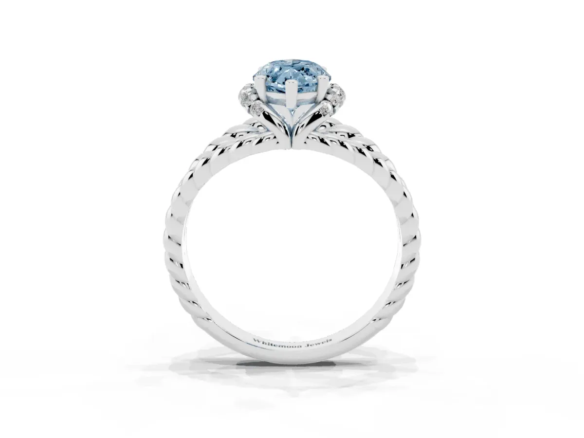 Fancy Blue Marquise Cut Halo Twisted Band Four-Prong Ring Platinum