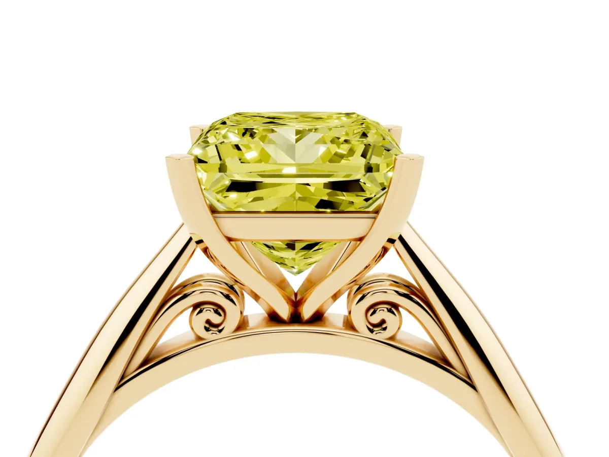 Fancy Yellow Princess Cut Diamond Solitaire Engagement Ring with Cathedral Setting and Four-Prong Mount Yellow gold