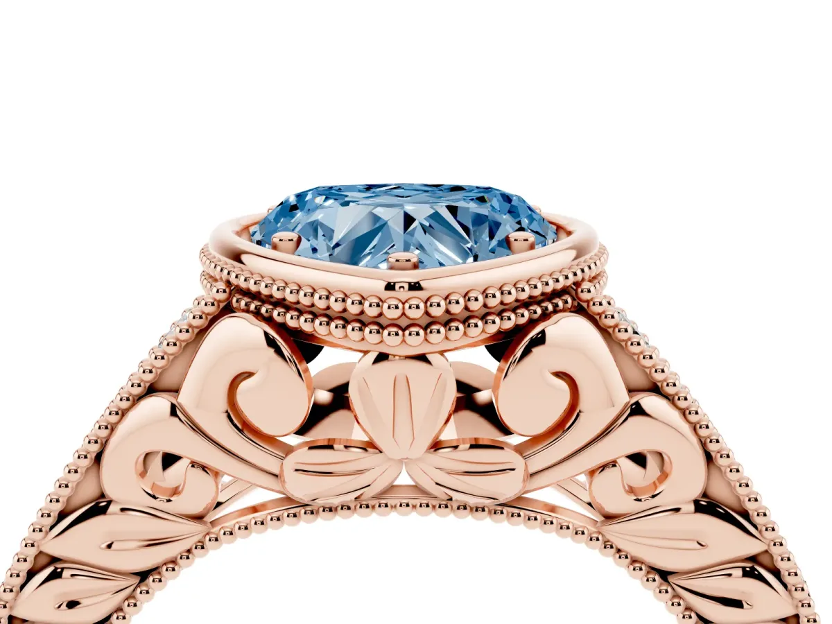 Fancy Blue Bezel Set Heart Cut Diamond Milgrain Pave Engagement Ring Rose gold