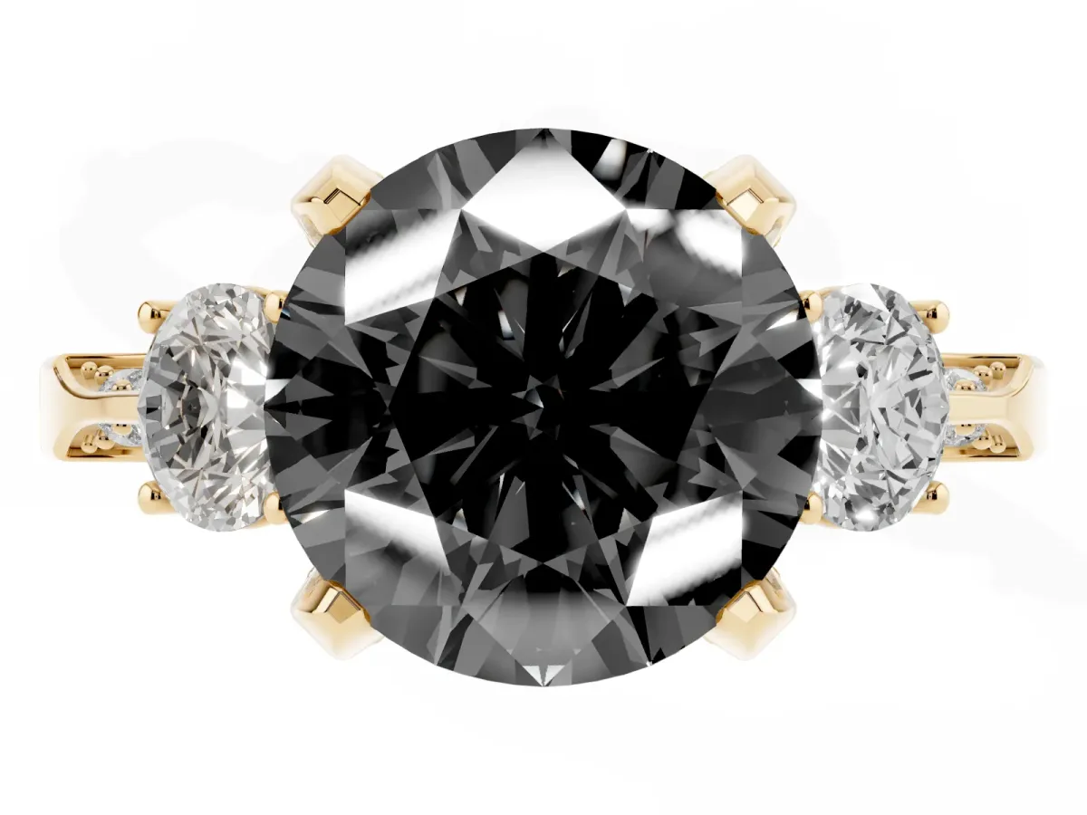 Fancy Black Round Cut Brilliant Three-Stone Diamond Ring with Pavé Band and Four-Prong Setting Yellow gold