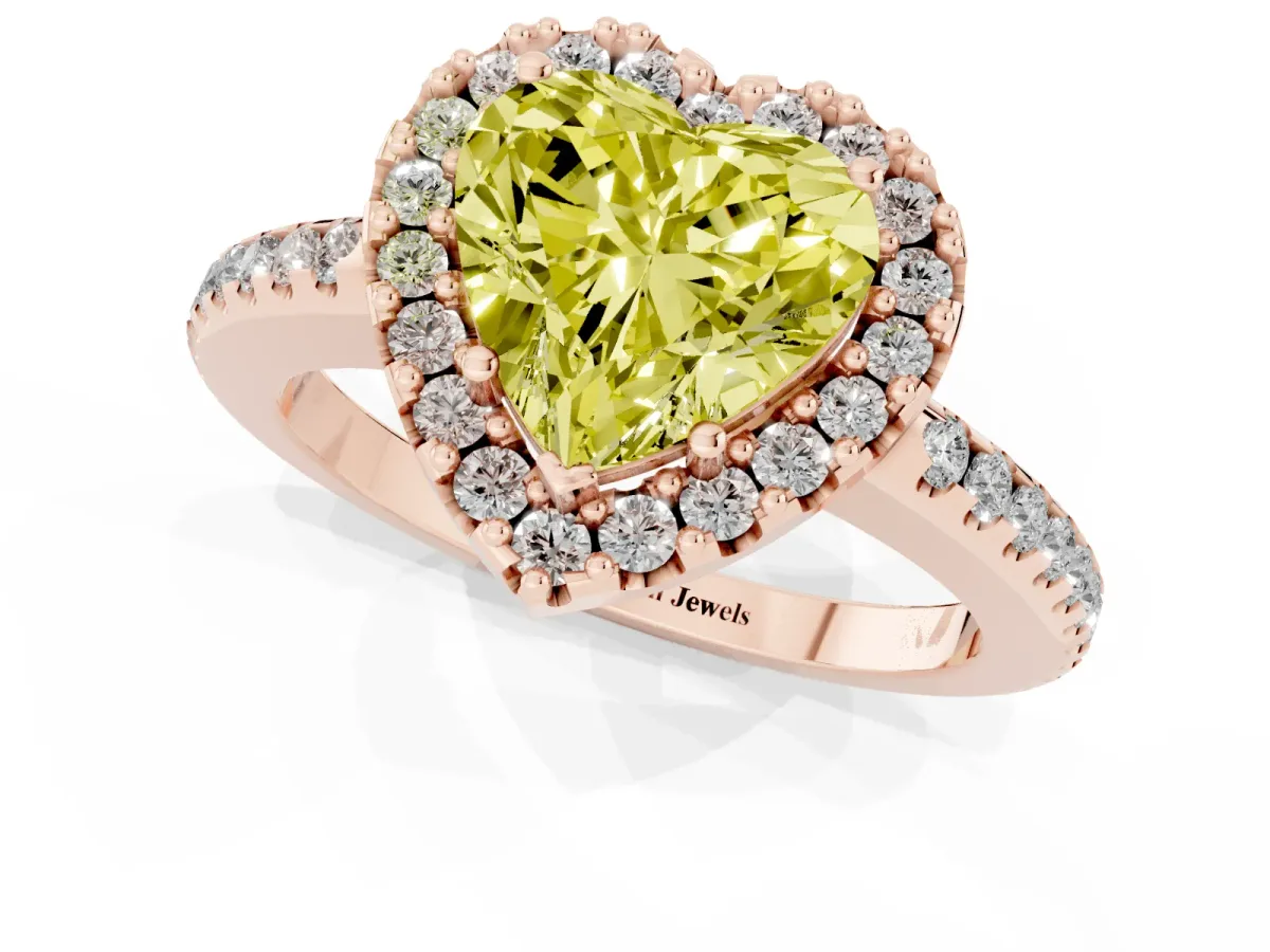 Fancy Yellow Heart Cut Diamond Pavé Halo Ring with Four-Prong Setting Rose gold