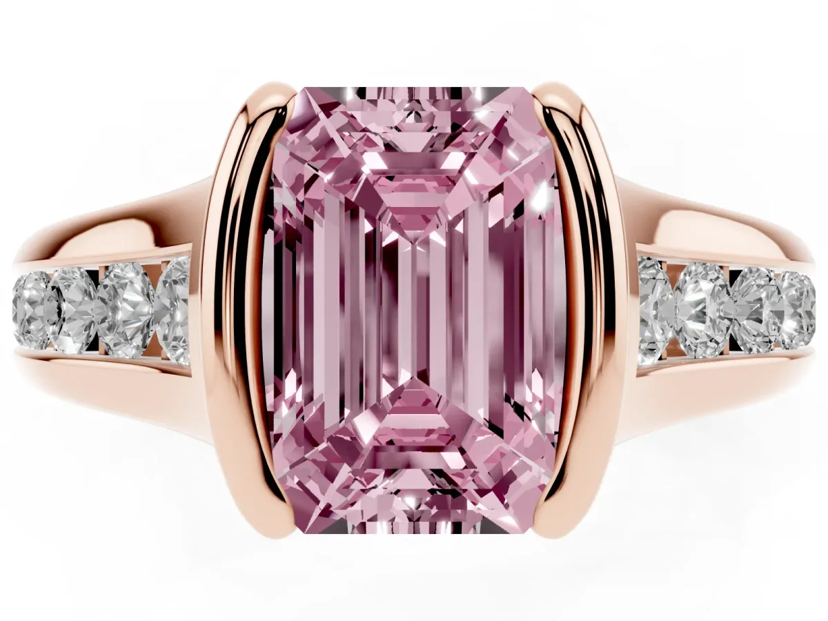 Fancy Pink Emerald Cut Solitaire Bezel-Set Diamond Ring with Channel-Set Band Rose gold
