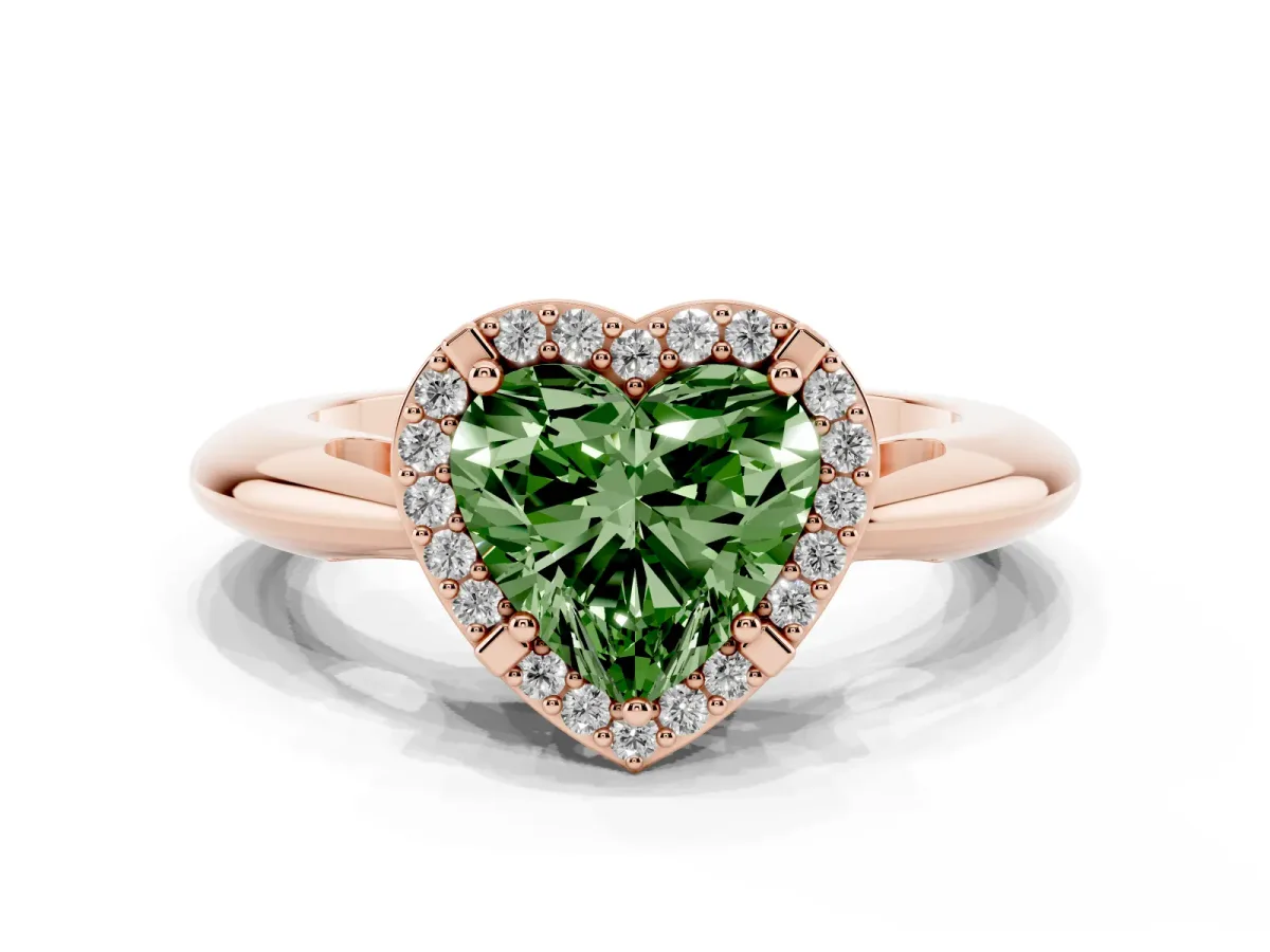 Fancy Green Heart Cut Cut Diamond Halo Engagement Ring with Split Shank and Four-Prong Setting Rose gold