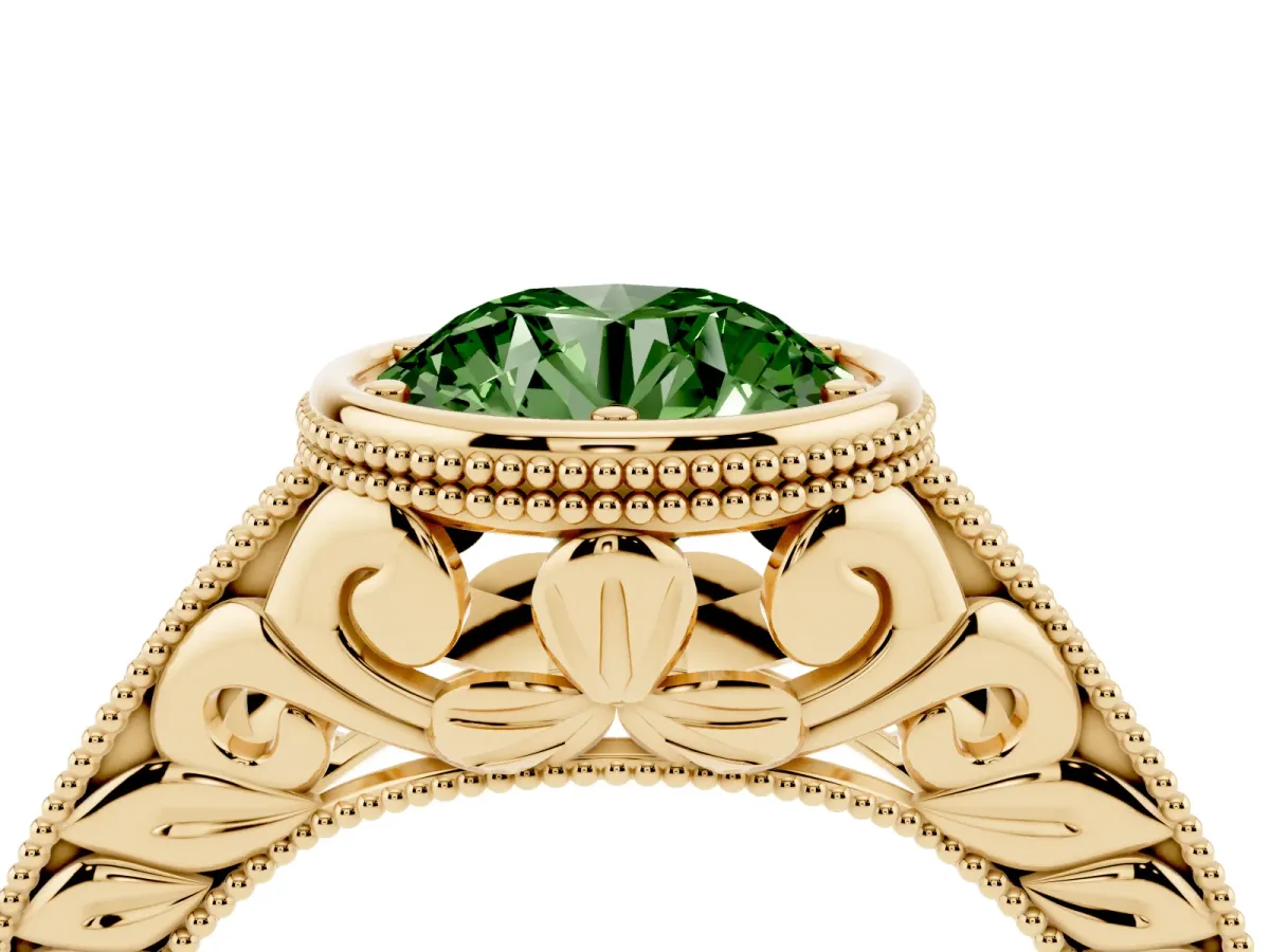 Fancy Green Bezel Set Round Cut Diamond Milgrain Pave Engagement Ring Yellow gold