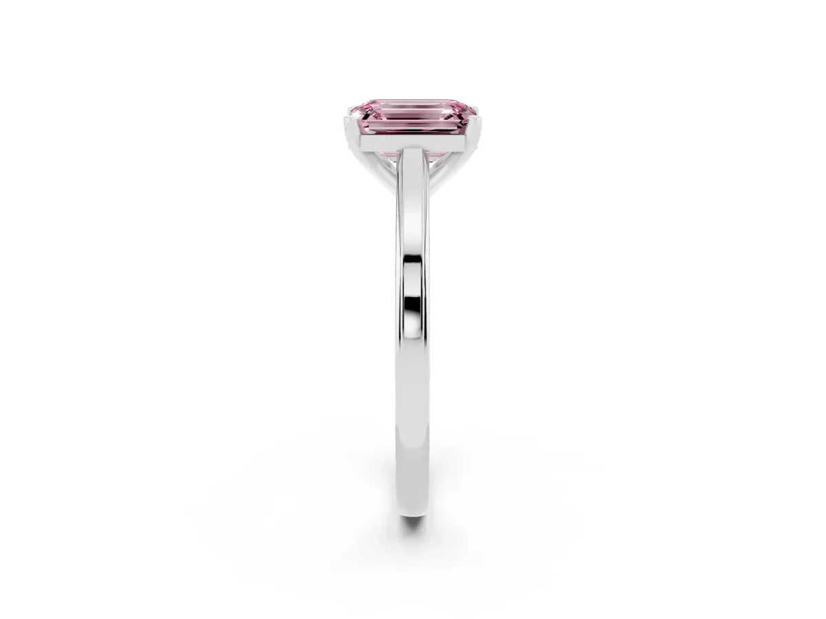Fancy Pink Emerald Cut Solitaire Diamond Ring with Four-Prong Setting and Classic Band Silver