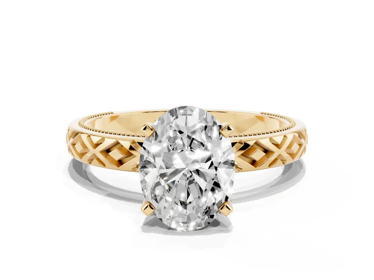 Oval Cut Solitaire Diamond Ring with Milgrain and Black Enamel X Pattern Band Yellow gold