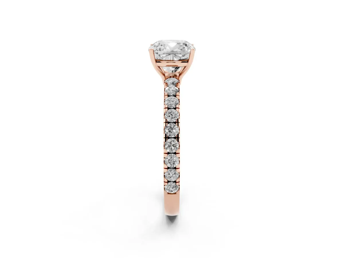 Cushion Cut Diamond Pavé Solitaire Engagement Ring with Four-Prong Setting Rose gold