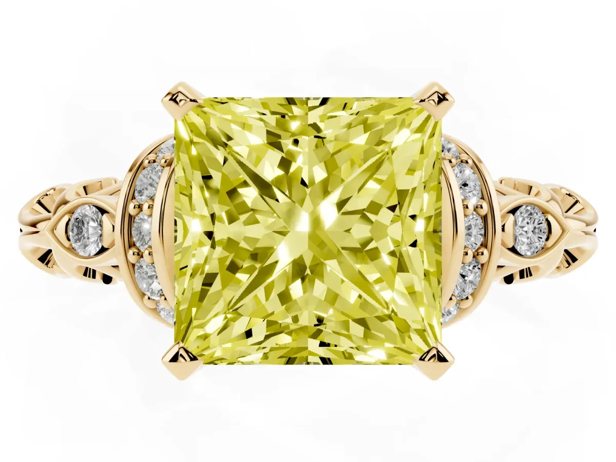 Fancy Yellow Princess Cut Diamond Solitaire Ring with Filigree Band and Four-Prong Setting Yellow gold