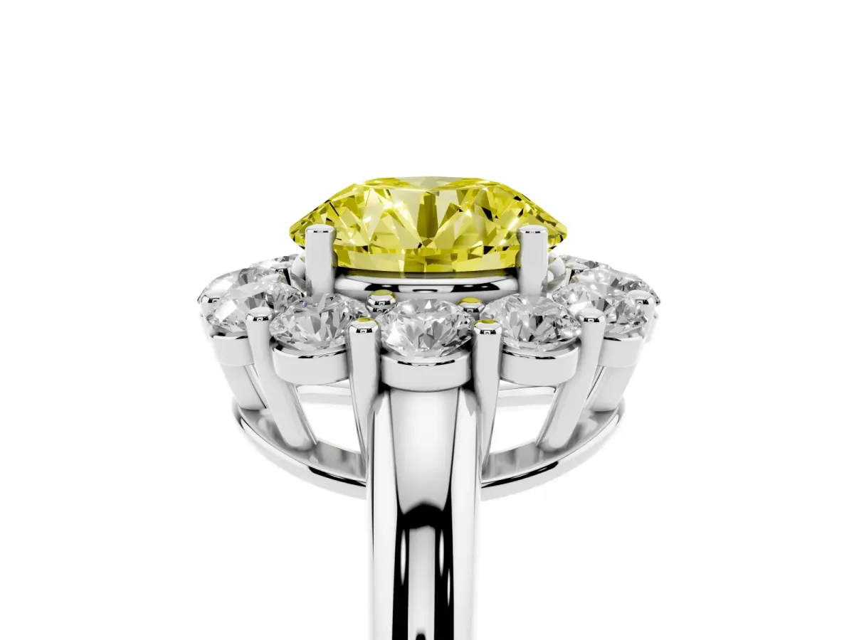 Fancy Yellow Round Cut Halo Cluster Diamond Engagement Ring with Prong Setting and Polished Band Silver
