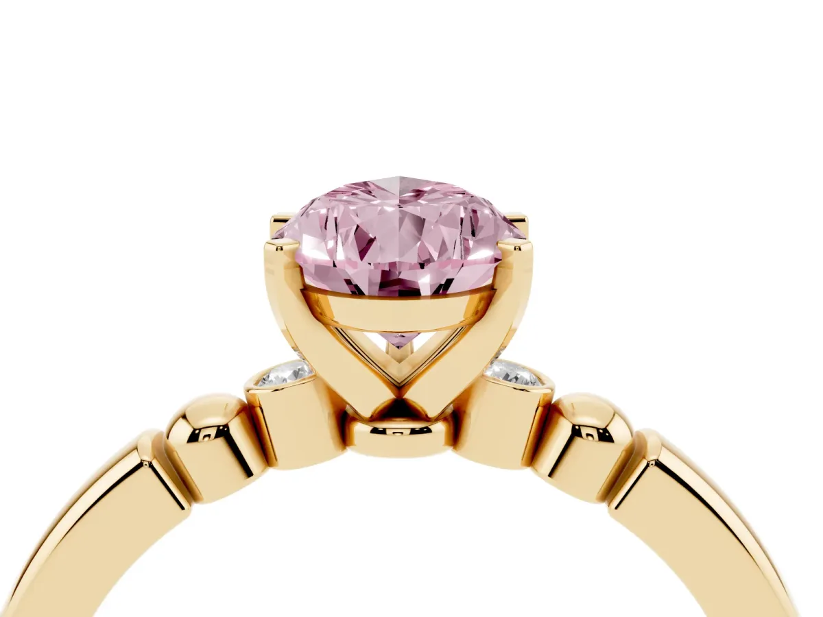 Fancy Pink Pear Cut Solitaire Beaded Band with Four-Prong Setting Yellow gold